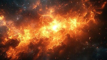 Naklejka premium Clouds and fire mix in a colorful abstract space scene, a cosmic inferno for wallpaper or background design, depicting an interstellar explosion in a vibrant galaxy.