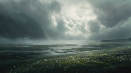 Obraz premium Dramatic cloud formations over tranquil estuary landscape with lush greenery and misty atmosphere capturing serene natural beauty
