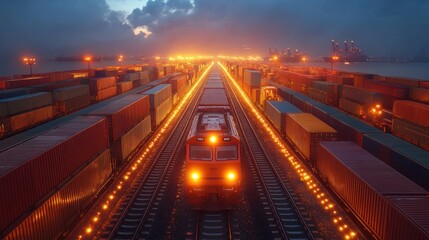 Obraz premium Train at a container yard during sunset.