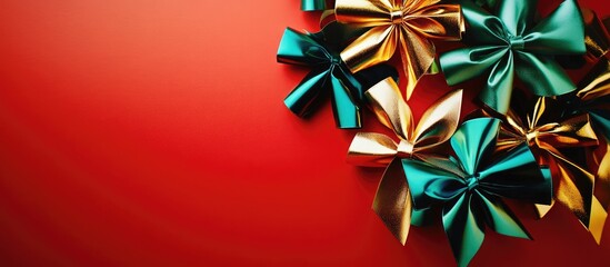 Vibrant red background featuring stacked shiny green and gold ribbon bows ideal for festive and holiday-themed designs