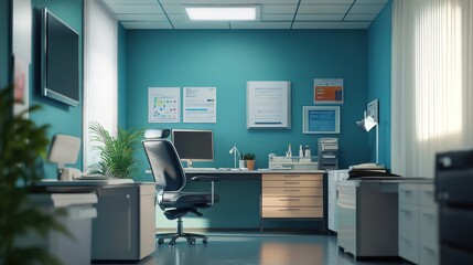 Modern Teal Office Interior Design: Desk, Chair, Computer, Plants