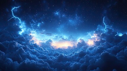 Fototapeta premium Clouds gather in a blue sky with storm clouds and stars, a wallpaper design depicting the power of nature and the contrast between tranquility and a lightning storm.