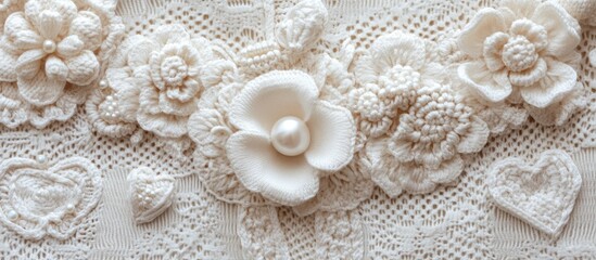 Obraz premium Vintage crochet lace backdrop featuring floral designs, pearls, and hearts for weddings, birthdays, and celebrations in Mori Girl style.