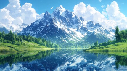 Fototapeta premium A serene mountain landscape with snow-capped peaks reflecting in a tranquil lake.