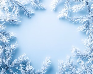 Snow-Covered Pine Branches on Light Blue Background