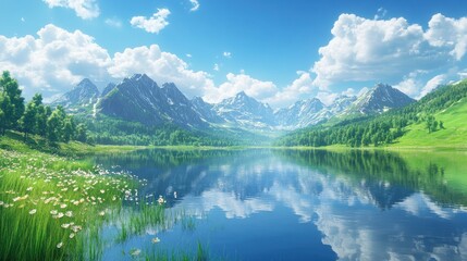 Fototapeta premium A serene landscape featuring mountains, a calm lake, and lush greenery under a blue sky.