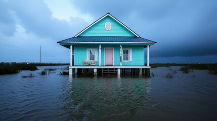 Obraz premium A house submerged in floodwater, highlighting the increase in extreme weather events and rising sea levels due to climate change