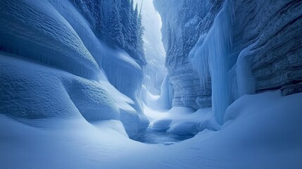 Snow-covered Maligne Canyon, a river-carved gorge within Jasper National Park, Alberta, Canada.