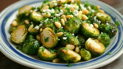 A plate of Brussels sprouts with lemon, pine nuts, and fresh chopped herbs like parsley, cilantro, or mint, topped with parmesan, feta, or goat cheese. Perfect for a fresh and flavorful meal