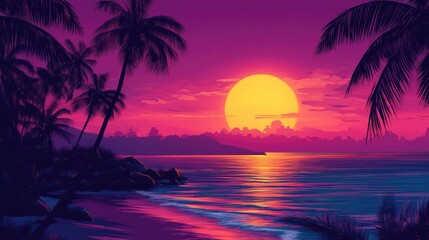 Tropical beach sunset with vibrant colors and silhouetted palm trees reflecting on calm waters in a serene landscape.