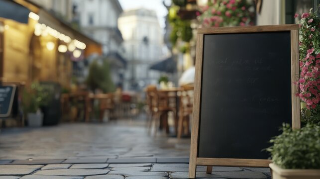 An empty blackboard sign mockup is positioned in front of a restaurant, ready for menu listings. The setting includes a street cafe or restaurant background