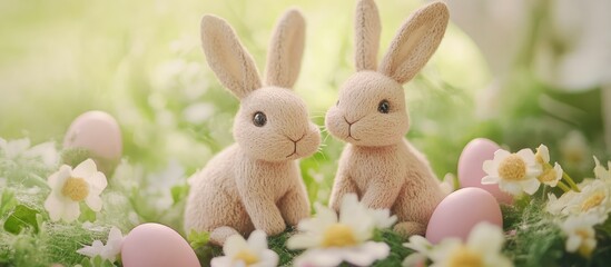 Handcrafted toy hares nestled among flowers and colorful eggs capture the essence of Easter in a vibrant aerial perspective.