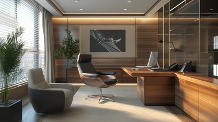 Modern Luxury Office Design:  Sophisticated Workspace with Panoramic City View