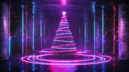 Futuristic cyberpunk Christmas tree with neon lights in a dark urban setting ideal for New Year party themes and creative holiday concepts