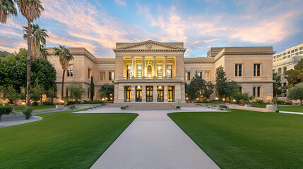 Courthouse building exterior bathed in warm sunset hues, symbolizing justice and order amidst the tranquility of evening light.