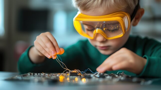 A young child in safety goggles carefully assembles wires and components, engaging in hands-on electronics experimentation. Education,STEM,electronics, DIY projects,young Innovators,Kid Inventors' Day
