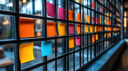 Colorful sticky notes on a glass window serve as reminders for tasks and agendas in an office, aiding in schedule planning and brainstorming.