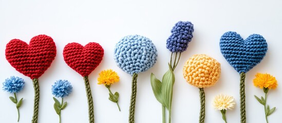 Colorful handmade crochet hearts and flowers arranged on a light background showcasing intricate textile artistry and creative decoration ideas