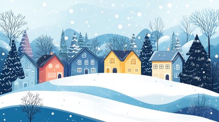 Fototapeta premium Winter landscape with colorful houses nestled among snow-covered hills and forests in a serene and picturesque setting