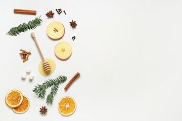 Composition with different ingredients for mulled wine on white background