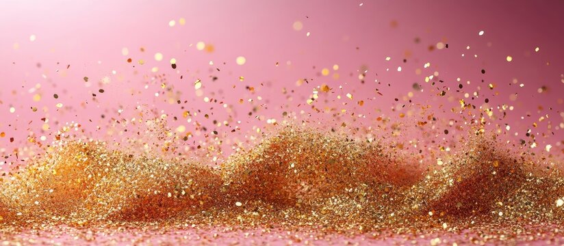 Sparkling golden confetti cascading against a soft pink background creating a festive and joyful atmosphere for celebrations and events