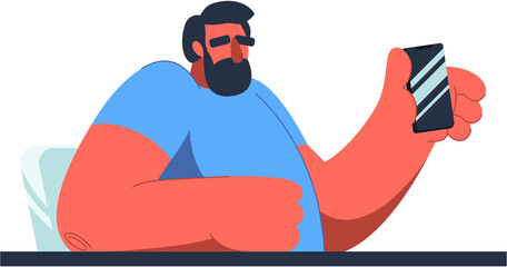 Hand-drawn fat bearded guy illustration. Obesity cartoon character in flat vector style.