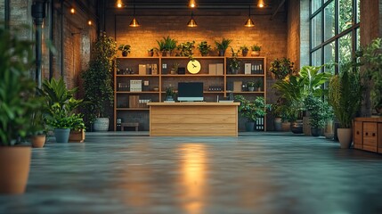 Creative business with plants and office interior showcases architecture, workplace environment, company design, empty space with furniture, workstation technology, and agency room.