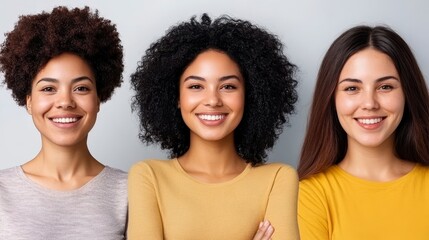 Three women with diverse hairstyles and warm smiles, showcasing natural beauty and confidence against a neutral background.