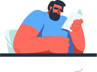 Hand-drawn fat bearded guy illustration. Obesity cartoon character in flat vector style.
