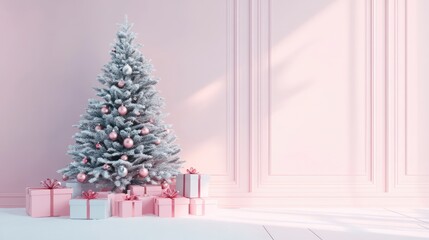 Elegant Christmas tree adorned with ornaments and surrounded by beautifully wrapped gift boxes in a soft pastel room decor.