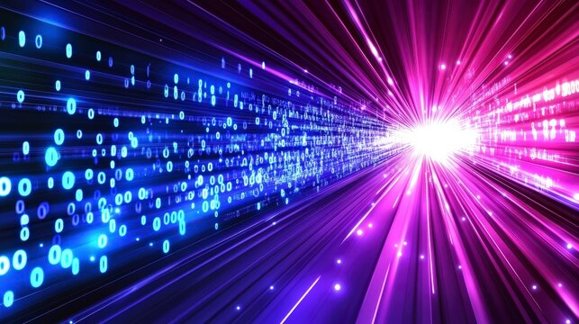 Abstract digital binary code tunnel with light trails effect and particles flowing through cyberspace. Futuristic technology data flow concept.