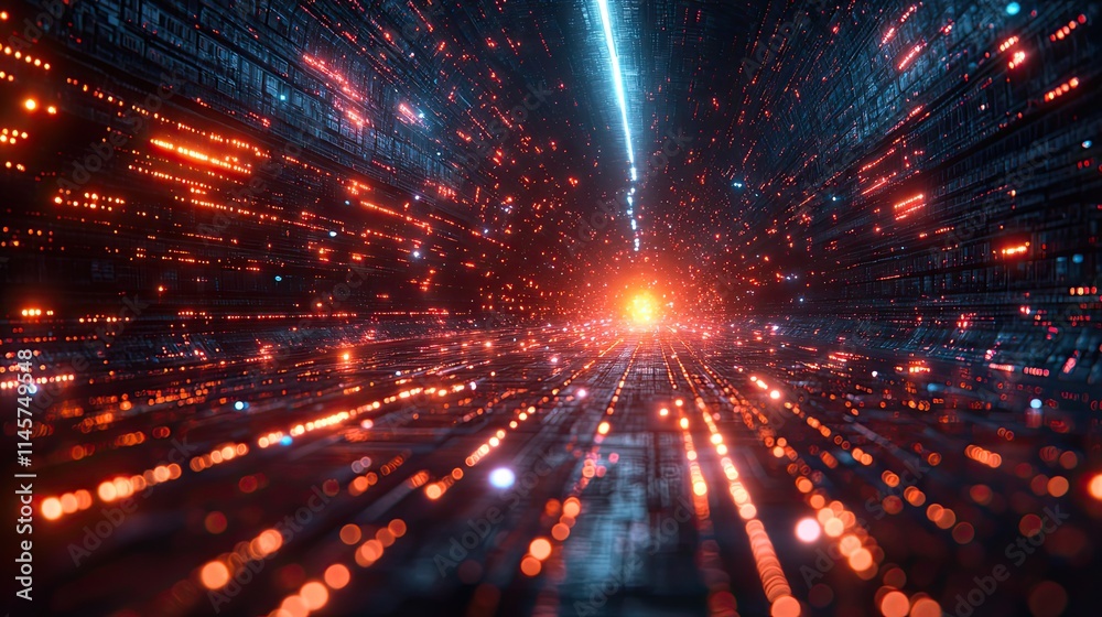 Wall mural cyber space and speed of light with neon circuit symbolize a futuristic computer server, cloud compu
