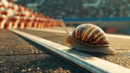 Snail on a Stadium Treadmill Symbolizes Perseverance in Facing Challenges