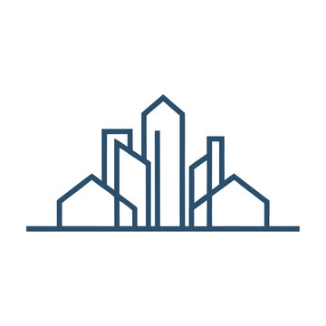 Minimalist Blue Line Cityscape Logo Design.