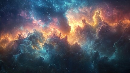 Fototapeta premium A vibrant cosmic scene showcasing colorful clouds and stars in a nebula-like formation.