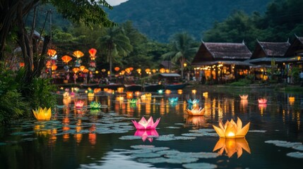 The colorful krathongs of the Loy Krathong Festival float along the clear mountain river of a quiet village, reflecting the beauty of tradition and nature in perfect