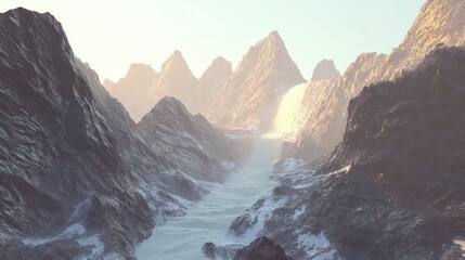 Majestic mountain landscape with waterfalls and river flowing through rugged terrain under soft sunlight