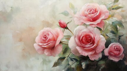 Obraz premium Beautiful pink roses blooming in a serene garden setting with soft pastel background colors ideal for floral and nature themed projects