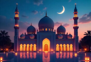 Fototapeta premium Illuminated Mosque at Night with Crescent Moon