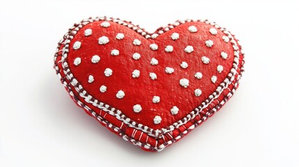 Handcrafted red heart with white stitching on a white background symbolizing love and affection in creative and artistic design