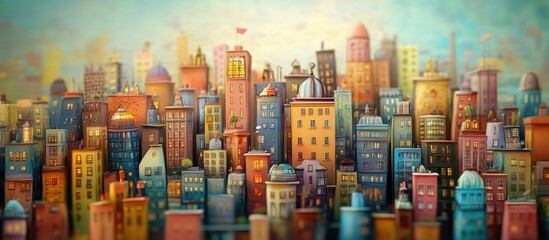 Obraz premium Colorful skyline of a lively urban cityscape with diverse architecture under a bright sky showcasing a vibrant and bustling atmosphere.