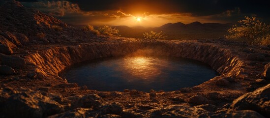 Ancient rainwater harvesting tank in arid landscape showcasing historical engineering and water conservation principles at sunset