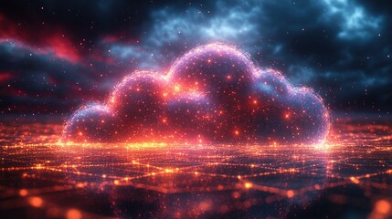 Futuristic cloud computing concept with glowing particles and digital grid in a dramatic sky ambiance