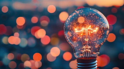 Illuminating Ideas: A Glowing Light Bulb Against a Cityscape of Lights