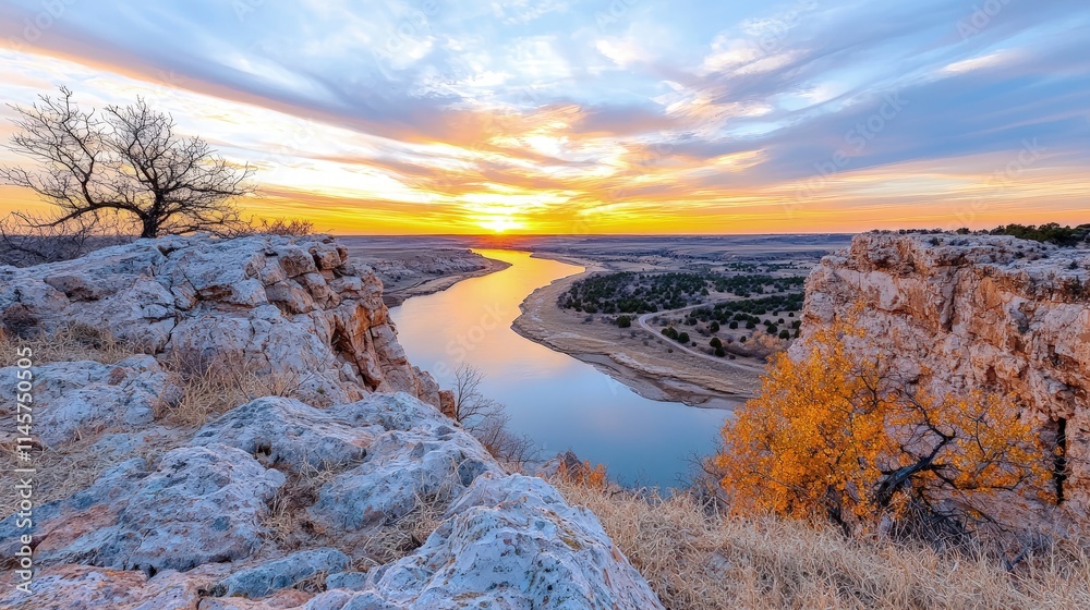 Canvas Prints Scenic sunrise over a meandering river from a rocky overlook.