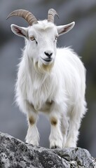 Fototapeta premium A white goat stands on a rock, showcasing its majestic horns and fluffy coat.