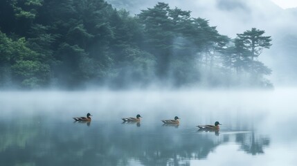 Spot-billed ducks swim on Lake Senjyouji's misty surface.