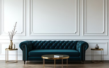 Teal velvet tufted sofa in elegant room with gold accents and white wall paneling.