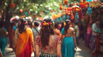 Fototapeta premium Woman with floral crown walking through vibrant marketplace.