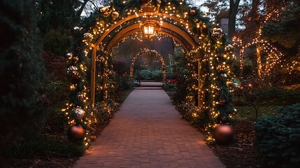 Fototapeta premium Illuminated pathway archway decorated with Christmas lights and ornaments.